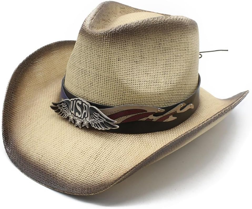 Western Cowboy Hat with USA Eagle Badge, Straw Woven, Brown Ombre Trim