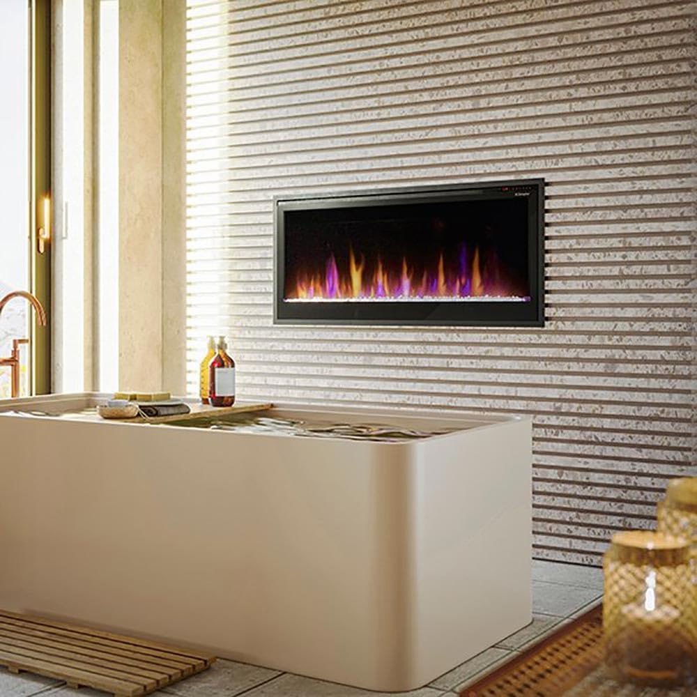 Dimplex 42 Inch Slim Linear Electric Fireplace installed in a modern bathroom setting.