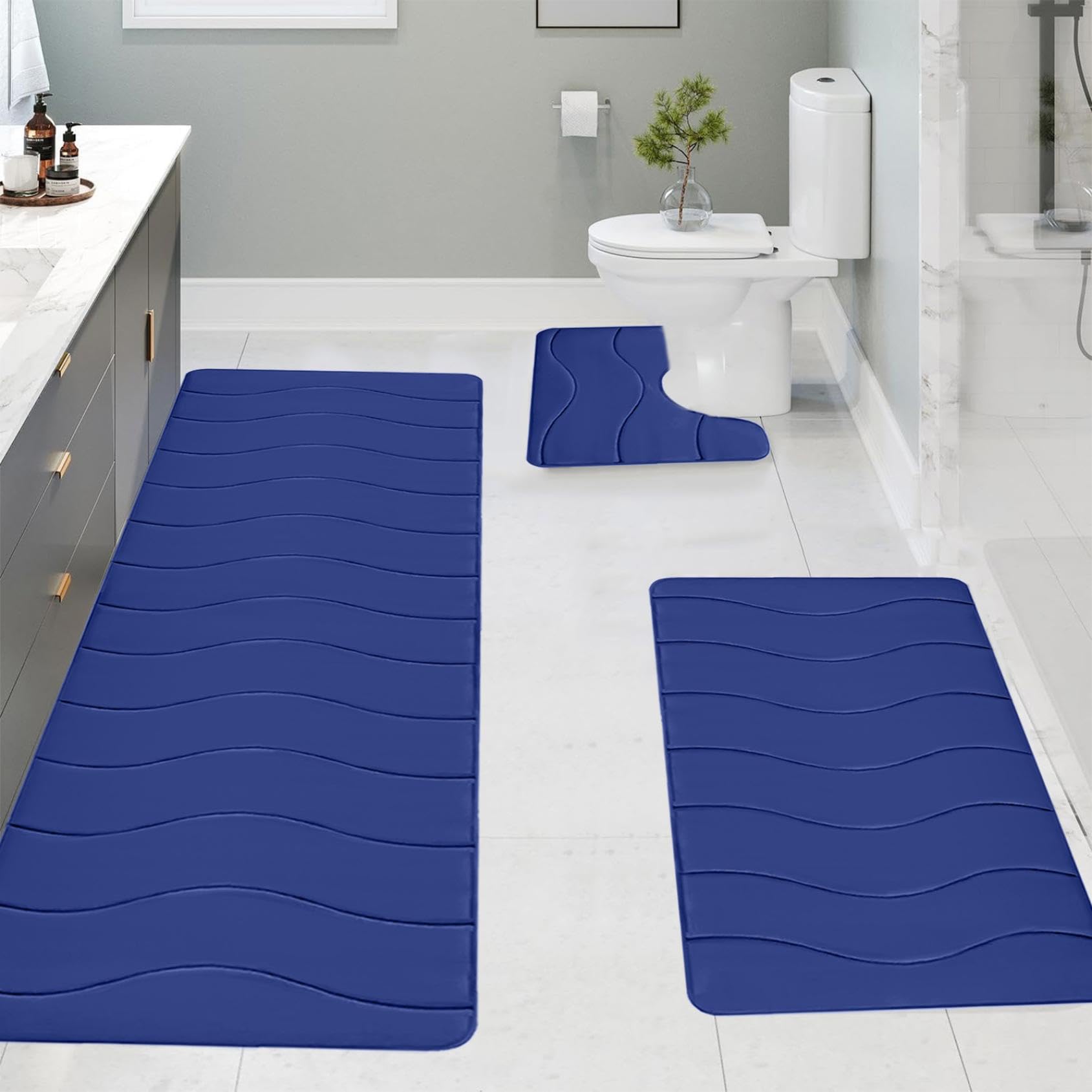 Large Foam Bath Mat 3 Set Bathroom Rugs for 3 Pcs Toilet Mats Soft Comfortable Water Absorption Non