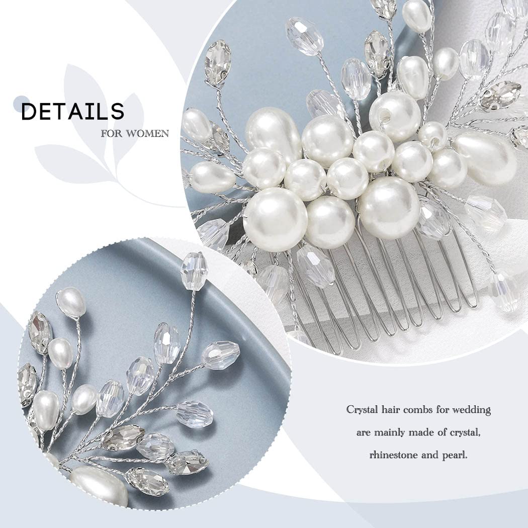 Bridal Hair Comb – Silver Rhinestone Crystal Flowers & Pearls – Wedding Hair Clip 4 thumbnail image