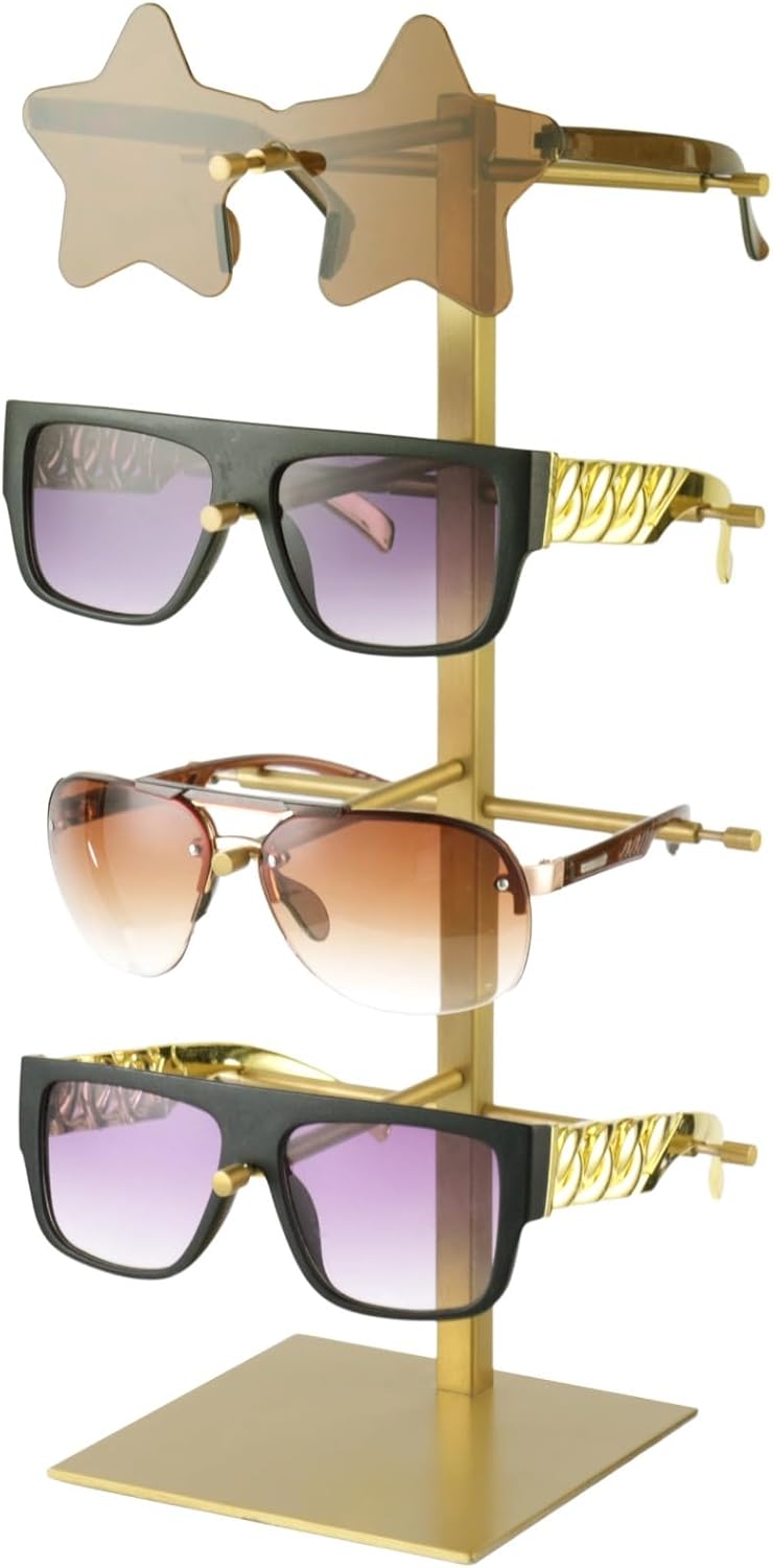4-Tier Gold Stainless Steel Sunglasses Display Stand, 5-Inch Rotating Arms, Removable Brush-Finished Organizer Rack for Eyeglasses, Glasses, Holds 4 Pairs