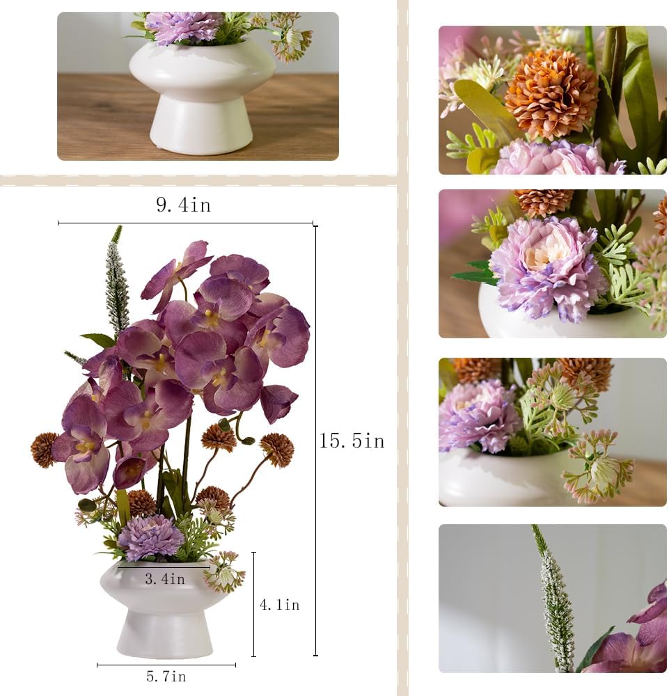 LESING Orchids Flowers Arrangement in Pot,Fake Silk Orchid Artificial Flower with Ceramic Vase Faux Orchid Flower Bonsai Vivid Phalaenopsis Flowers Potting Decoration (White Vase,Purple)