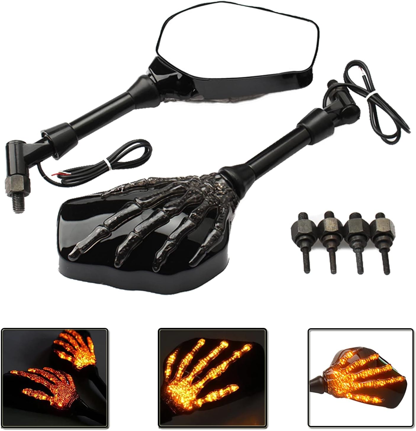Heart Horse Motorcycle Mirrors Rear View Mirrors,Elctric bright Skull Skeleton Hand Rearview mirror,Suitable for most motorcycles with a diameter of 8 mm 10 mm