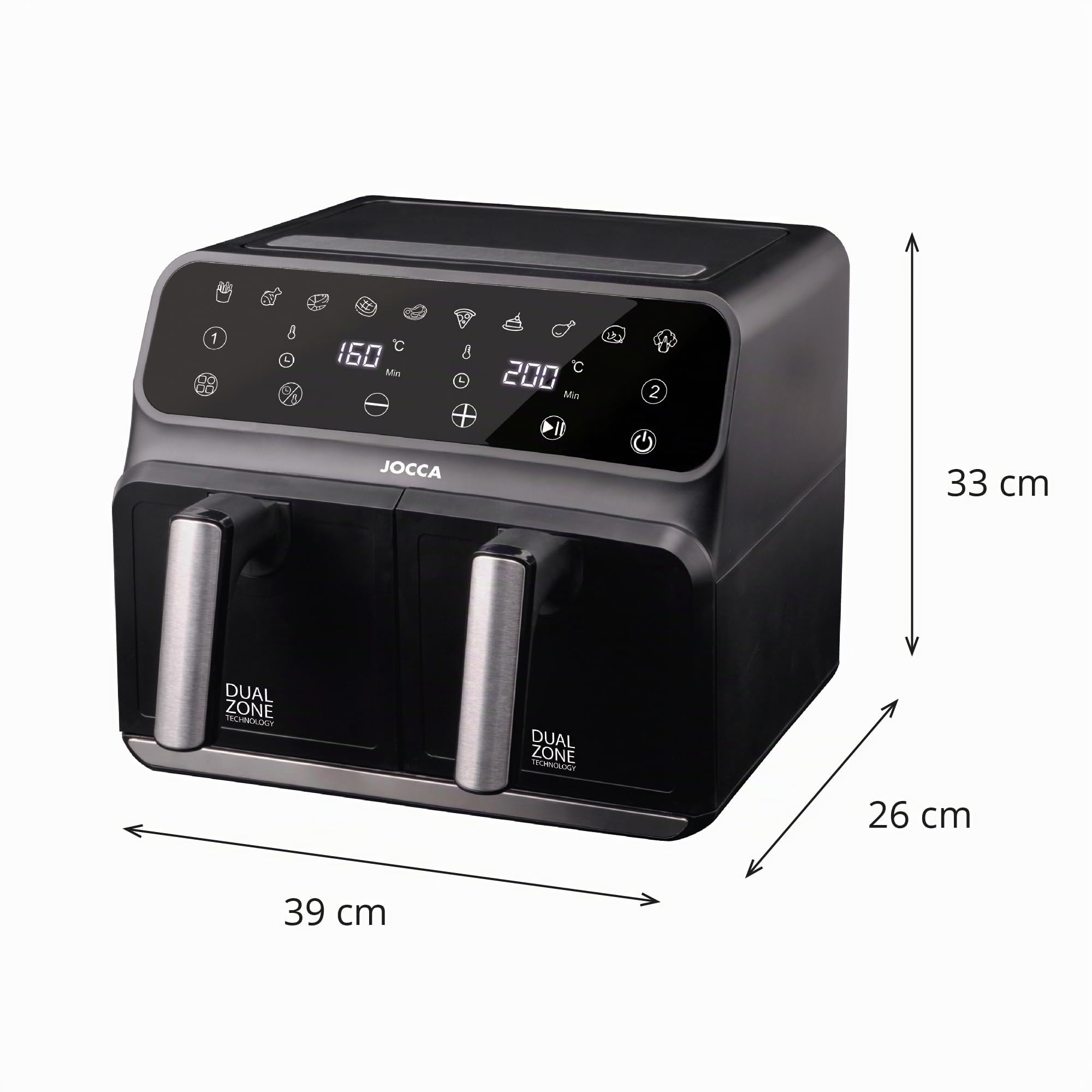 JOCCA - Freidora de Aire Caliente 8L| Freidora Sin Aceite Gran Capacidad| Air Fryer con 2 Cubetas 4L + 4L| Temporizador| Temperatura Ajustable| Cocina Sana| 1700W (Negro 4L+4L)