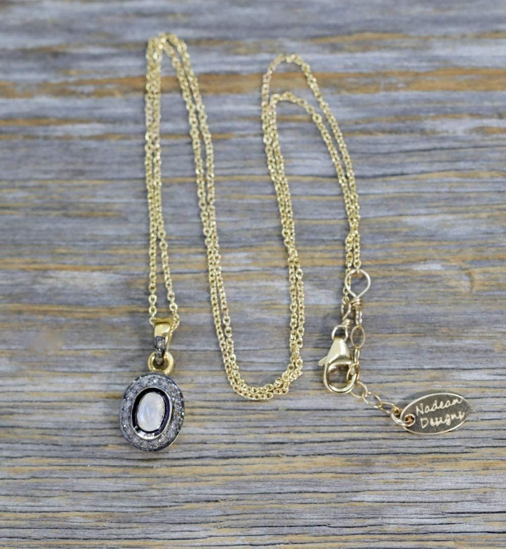 Genuine Blue Sapphire Oval Pendant Necklace- Vintage Style Pendant- Rose Cut-Pave Diamond-Mixed Metal-Women's Jewelry Gift Idea- September Birthstone-Holiday - Image 2