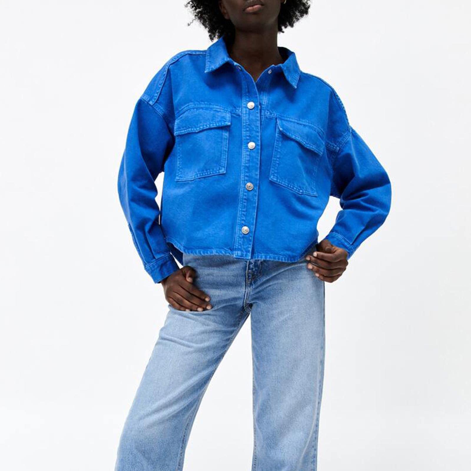 UKKO Giacca di Jeans Donne Primavera Autunno Denim Doppio Pocket Shirt Giacca Giacca Solid Colore Colore Casual Street Street Jean Giacche Cappotto-Blue,XS