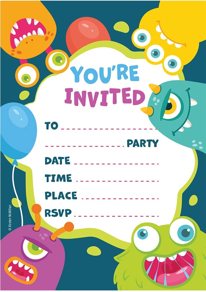Kirsten McMillan 32 Monster Party Invites -Kids Childrens A6 Birthday Party Invitations with Envelopes  Designed and Printed in the UK