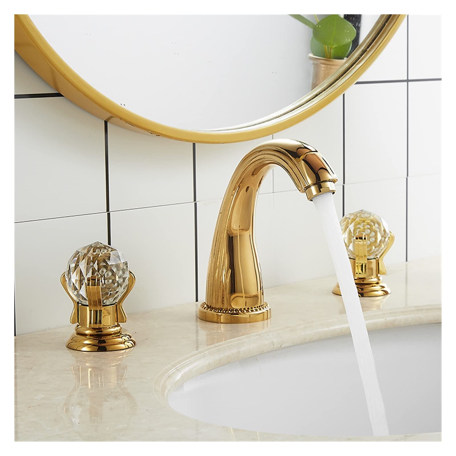 Faucet de la Cuenca Gold Baño Fregadero Grifo 3 Orificio Mezclador DE Cubiertas SERVICIOSA Caliente Y FRÍO AMD Cristal Agua Tap DE Agua Nuevo(Gold)