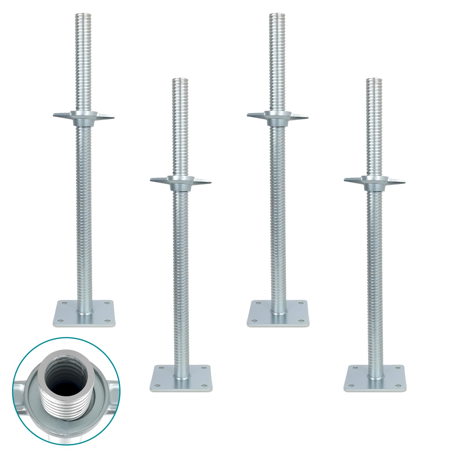 24" Adjustable Scaffolding Leaveling Jack, Galvanized Steel Hollow Screw Jack with Base Plate, 4 Pack