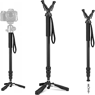 Hunting Monopod Rifle Stick Shooting Tripod with Rotatable Removable 360° V Yoke Head and Rotatable Tri-Stand Tripod Base, Adjustable Aluminum Shooting Stand for Hunting Shooting - Trakiom
