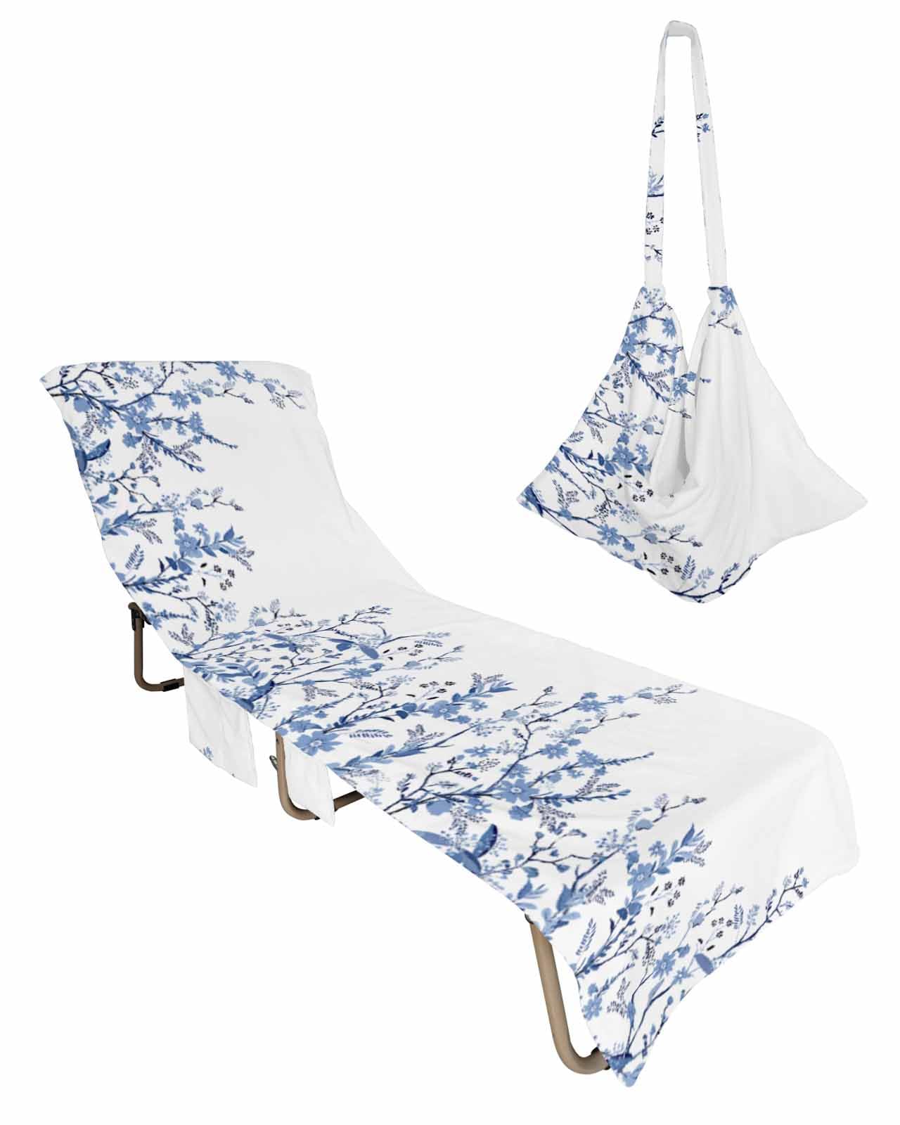 Blue Spring Floral Beach Lounge Chair Towel Cover, Soft Chaise Lounge Towel with Side Pockets Patio Pool Chairs Cover for Beach/Pool Sunbathing 29x85 Summer Flowers Botanical Herbs