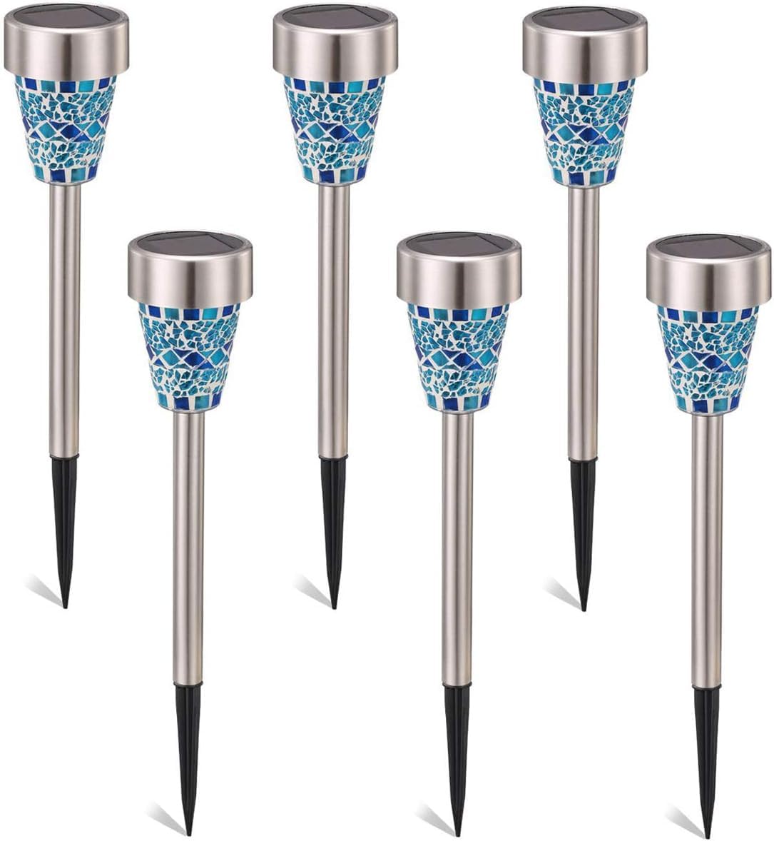 Lot de 6 lampes solaires de jardin - Mosaïque en verre - Lampes solaires LED - Décoration extérieure pour pelouse, chemins, terrasse, trottoirs (bleu)