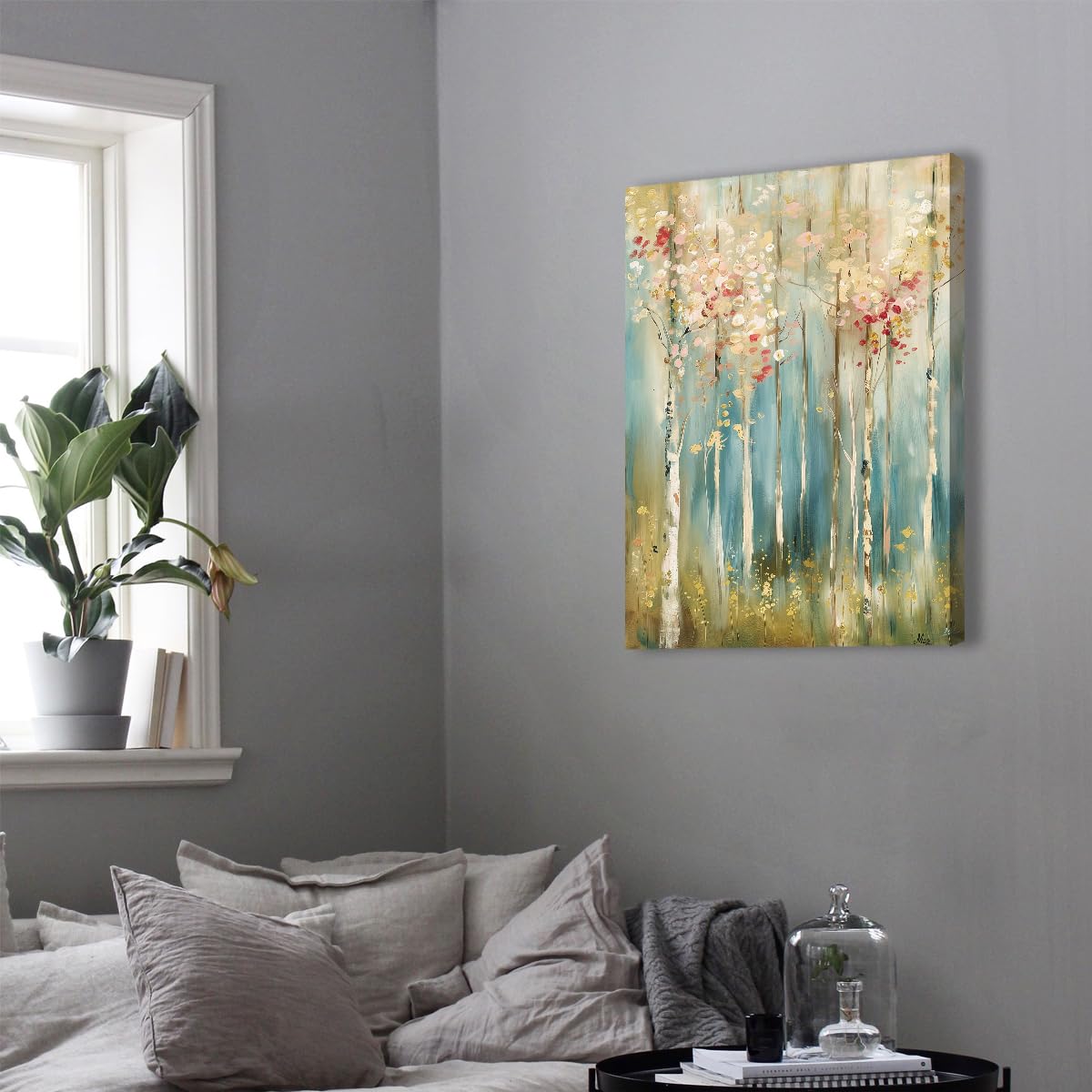 TOANGWALL Abstrakcyjne Brzozy Płótno Wall Art Pastelowy Różowy Turkusowy Las Drukowanie Krajobrazu Nowoczesny Impresjonistyczny Las Grafika Oprawiona Mural Plakat Do Salonu Biura Dekoracja 80 x 95 cm