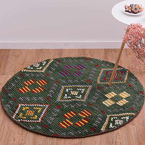 萩原 ラグ グリーン 直径約140cm 「クームース ヤード」 ウール100% 羊毛 手織り ノルディック エスニック