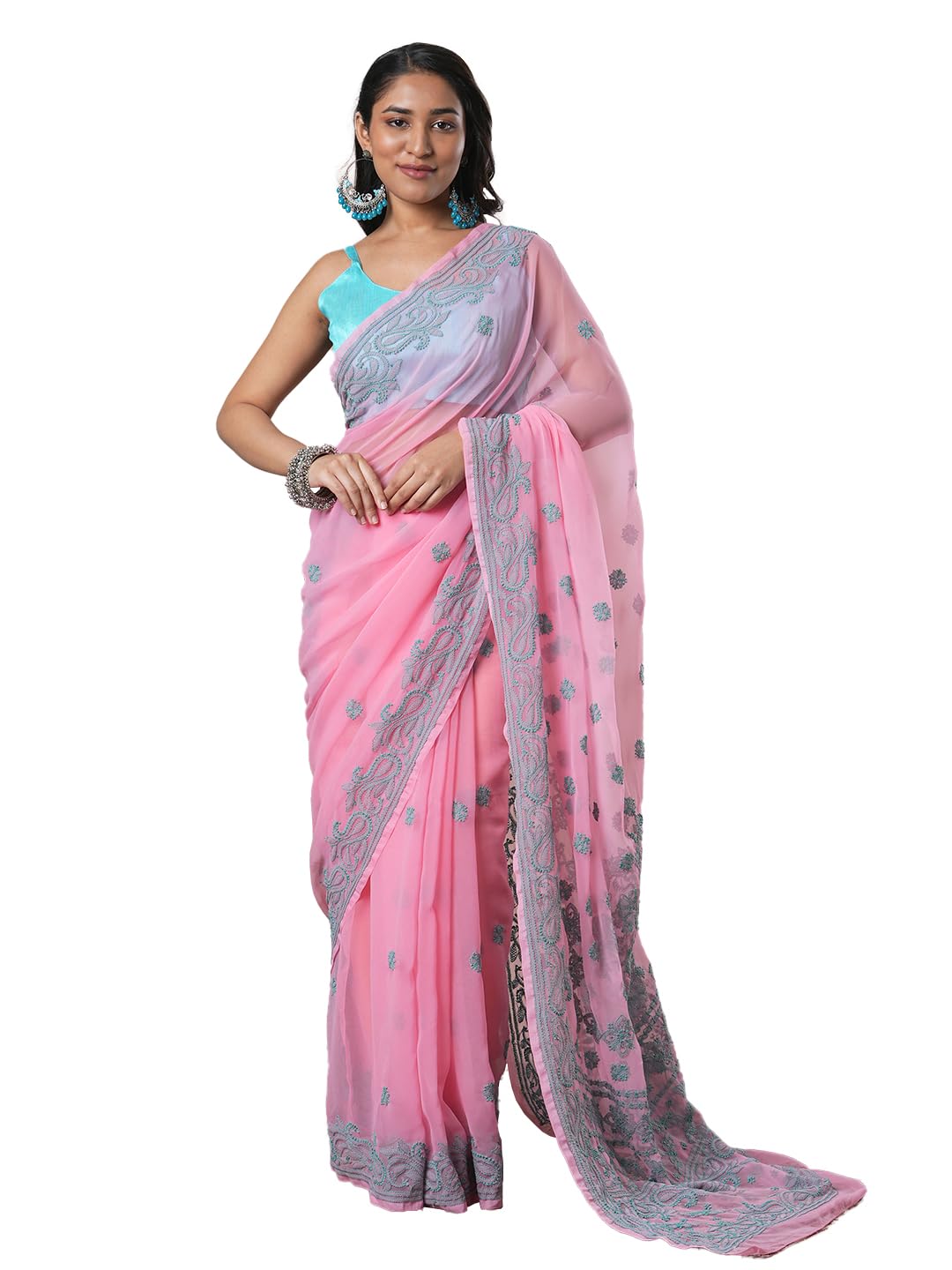 Hand Embroidered Lucknowi Chikankari Georgette with Unstitched Blouse Piece for Women - Saree 4590-image-28