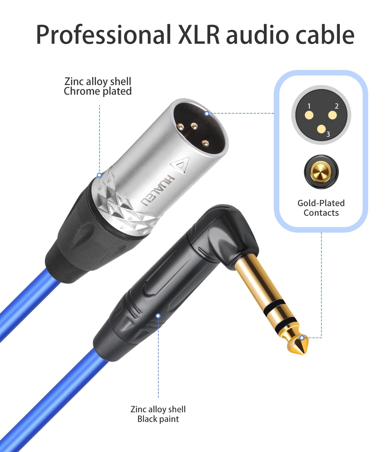 Paquete de 2 cables de audio macho TRS a XLR de 3 pines en ángulo recto, 20 AWG 6N OFC + cable de audio chapado en plata, ángulo recto de 6,35 mm TRS a XLR macho, cable equilibrado para