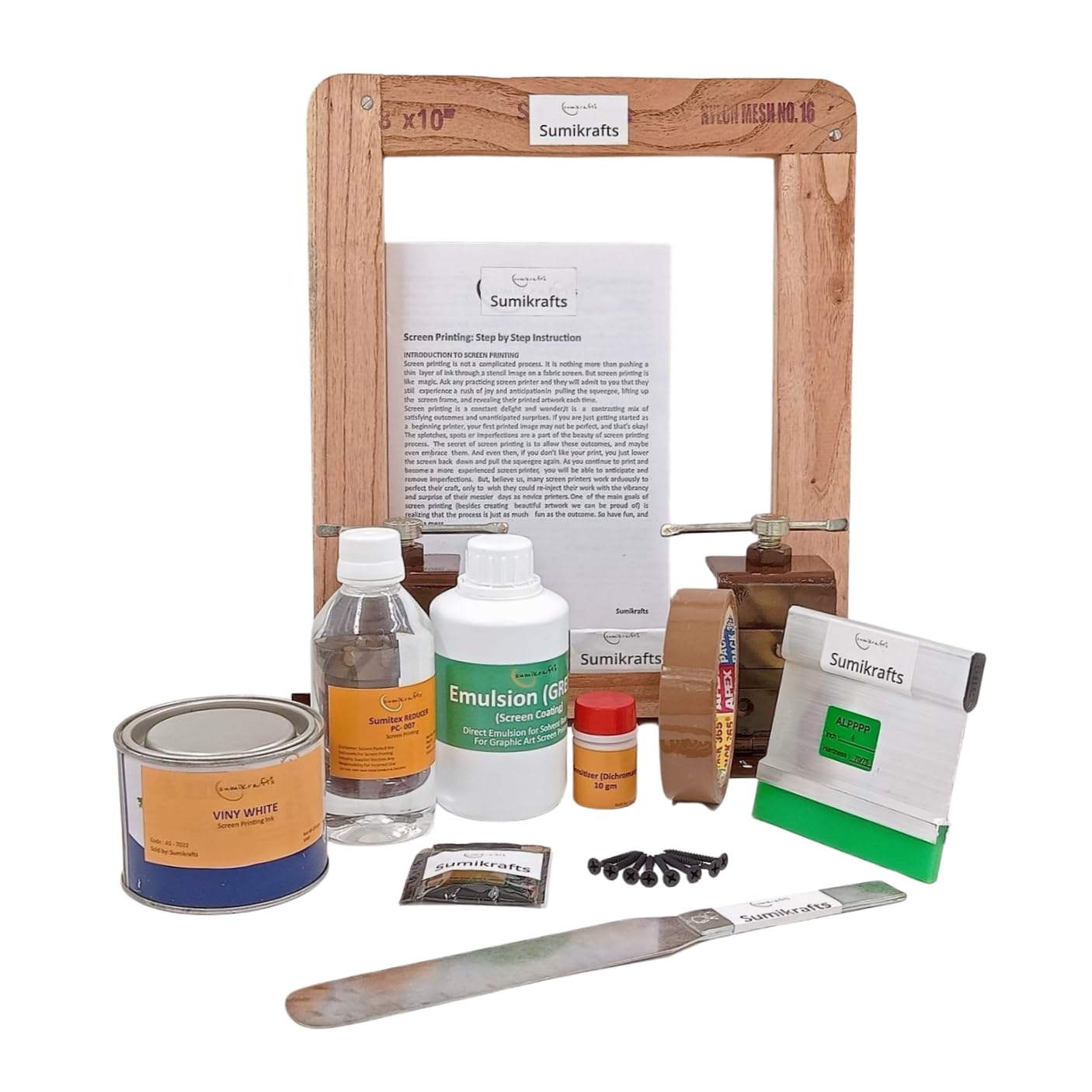 sumikrafts Screen Printing kit for Beginners: Screen Printing Ink Viny White 250gm+Double Hinge Table Clamps+Screen Wooden Frame 8”x10 pre Stretched mesh no 16