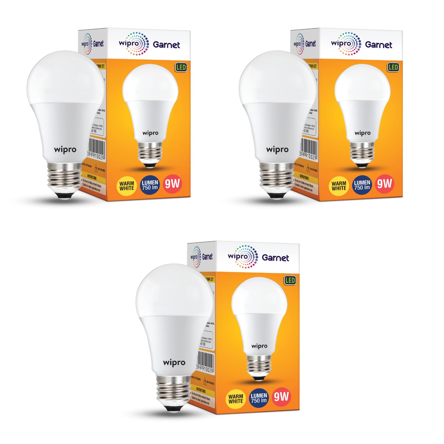 wipro Garnet 9W LED Bulb for Home & Office |Warm White (2700K) | E27 Base|220 Degree Light Coverage |4Kv Surge Protection |400V High Voltage Protection |Energy Efficient | Pack of 3