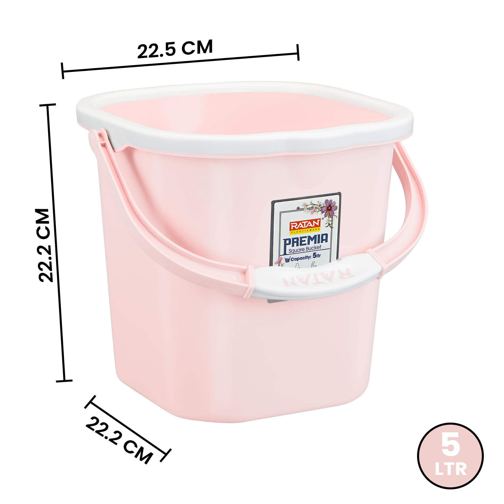 RATAN PLASTICWARE Premia Bucket (5L X 1) - Diaso Pink|Light Weight and Easy to Carry|Perfect for Use in Bathrooms, Kitchen & Wet Utility Areas