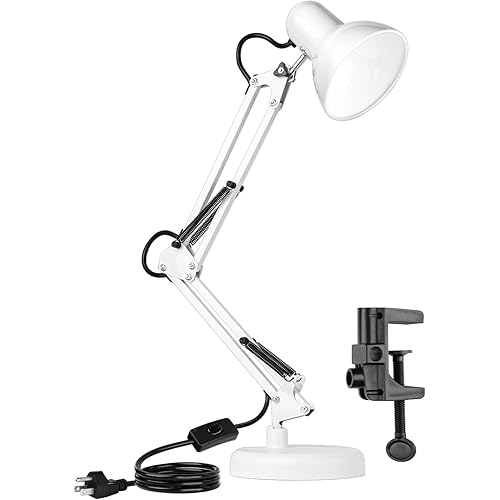 AmeriTop Metal Desk Lamp, Adjustable Goose Neck Swing Arm Table Lamp with Interchangeable Base Or Clamp; Eye-Caring Study Desk Lamps for Bedroom, Study, Office, Table (White)
