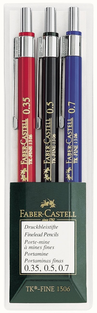 Faber-Castell - Zeichendreieck groß, mit Griff + 3 Druckbleistifte TK-FINE, Inhalt: 0,35 mm, 0,5 mm + 0,7 mm