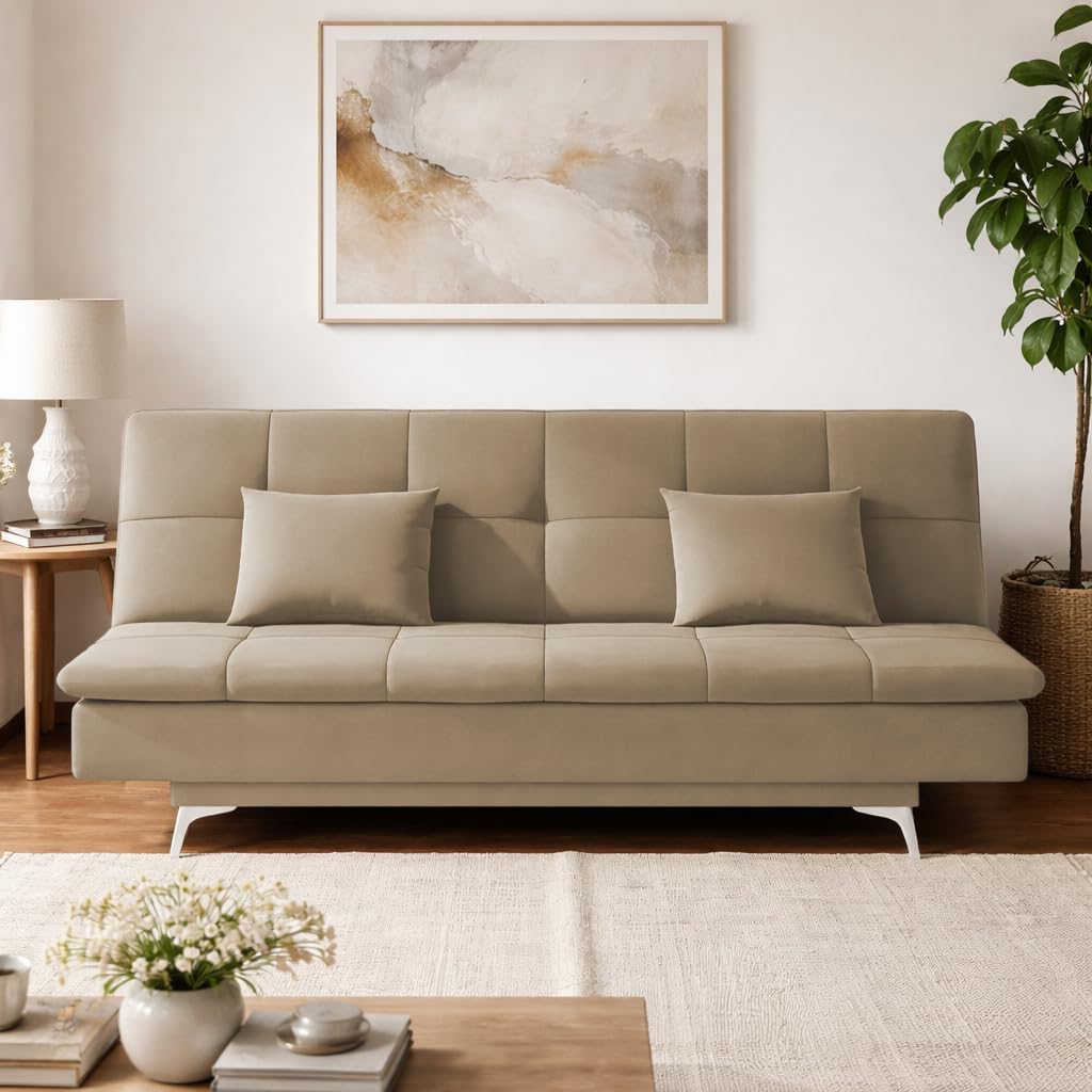 Adorn India Premium New Aspen 3 Seater Sofa Cum Bed 4X6 Velvet Suede with 2 Cushions (Color Beige) and Suitable for All Indoor, with 3 Years Warranty