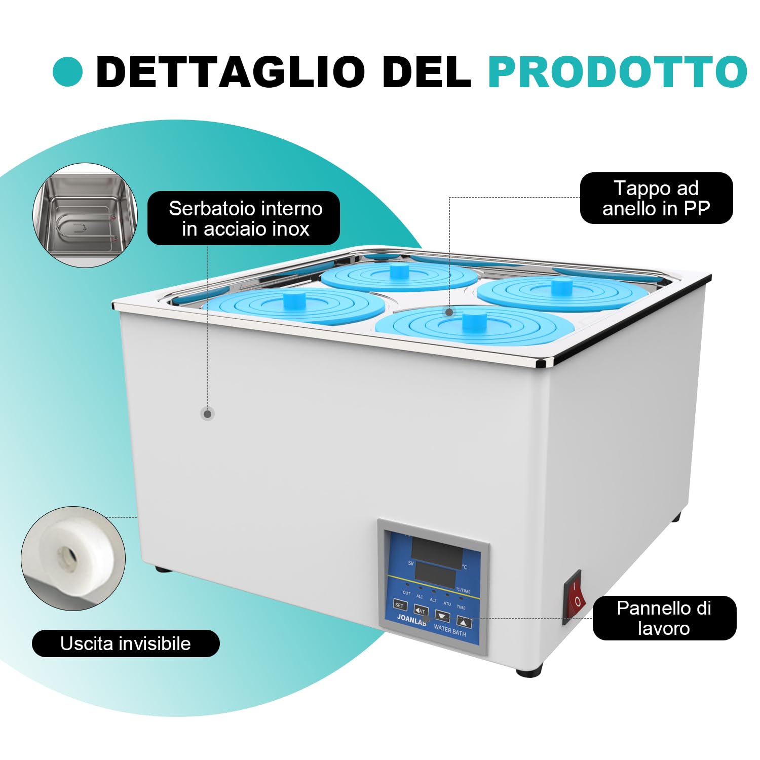 JOANLAB Bagnomaria da Laboratorio 12L, 800W - Quattro Aperture, Acciaio Inox - Termostato Digitale ±0,1°C - Timer 0-99 Min - Display LED