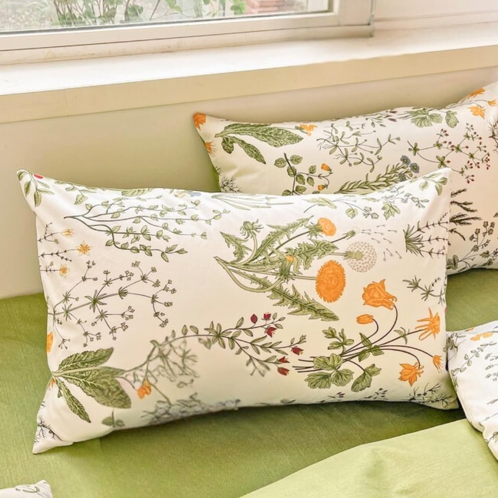 Nayoroom Bettwäsche 135x200 Baumwolle Grün Blumen Blätter Bunt Bettbezug | Frühling,Mädchen,100% Baumwoll,Deckenbezug,Aesthetic,ÖKO-TEX,Landhausstil,Wende,Kissenbezug 80x80 cm,Reißverschluss,2teilig