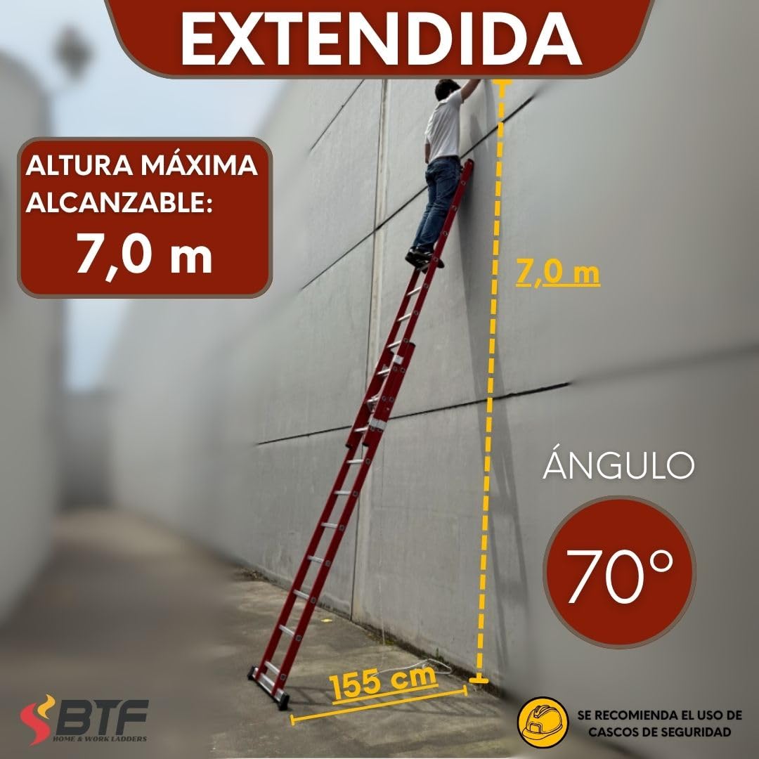 BTF | Escalera de Fibra de Vidrio 2 tramos 3,5 MTS, de 12 peldaños x Tramo | Escalera Extensible por Cuerda | Altura alcanzable Aprox. 7,0 Metros | Certificada EN131 - Carga 150 kg. BTF-EDFEC6635