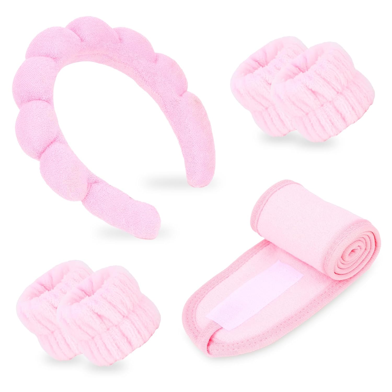 Ondder 6 Pcs Pink Spa Headband and Wristband Set Makeup