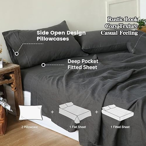 Miniatura 3 de Simple&Opulence Juego de sábanas de lino 100% belga bordado color liso Super suave lavado a la piedra