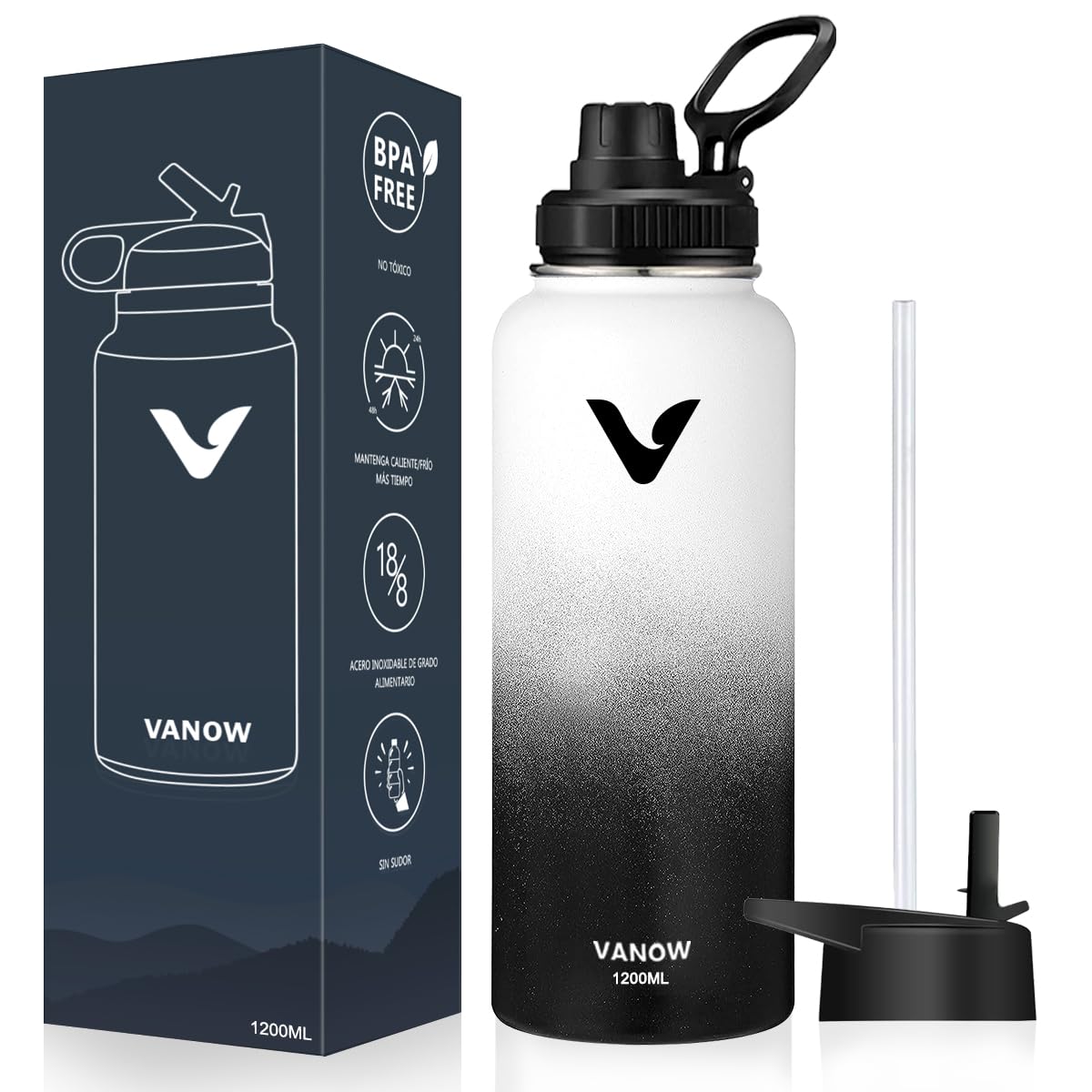 E T EASYTAO Termos para Agua con 2 Tapas — 40OZ Botella de Agua Panda