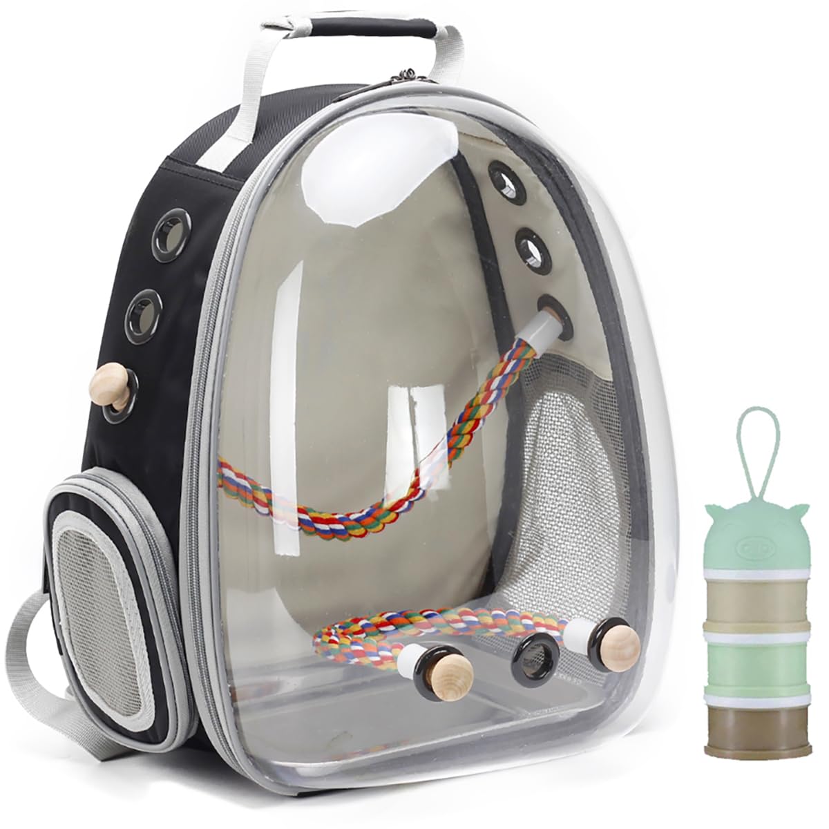 Bird Traval Carrier Cage, Clear Space Capsule Astronaut Backpack to Carry Parakeet Cockatiel Parrot with Metal Tray Wood Perch, Vet Transport School Bag