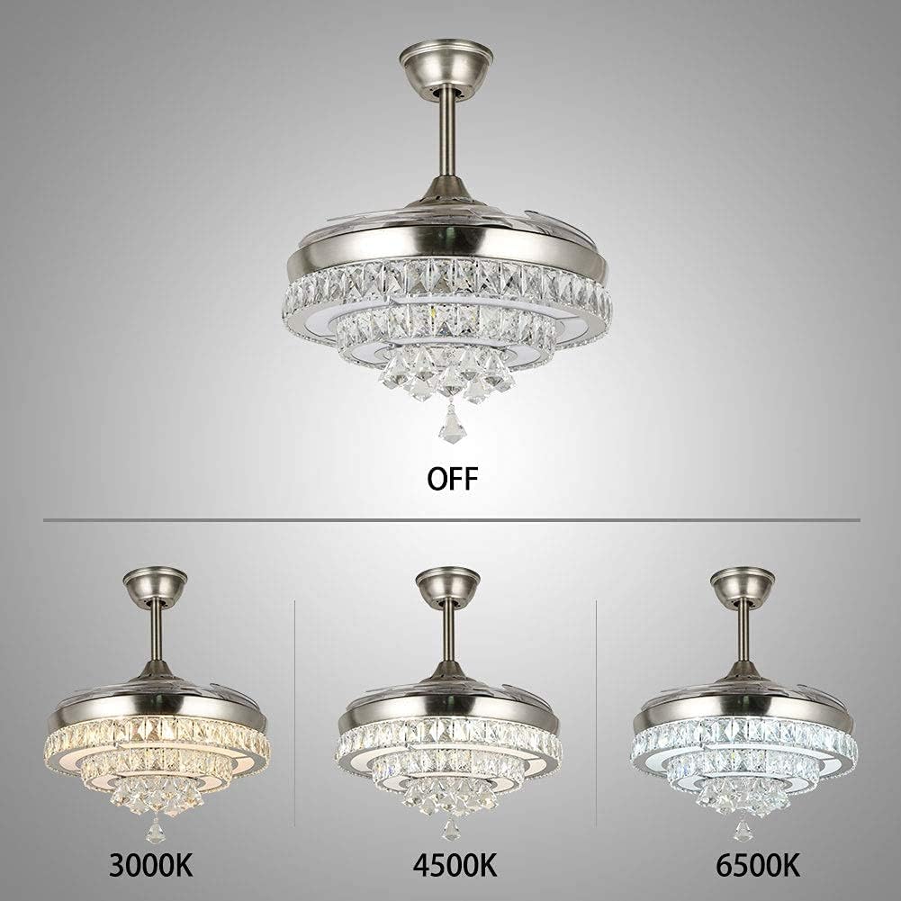 42'' Retractable Ceiling Fan with Remote, 2-Layers Crystal Modern Chandeliers with LED Light Kits 3-Color Bright Lighting for Decor Living Room/Bedroom