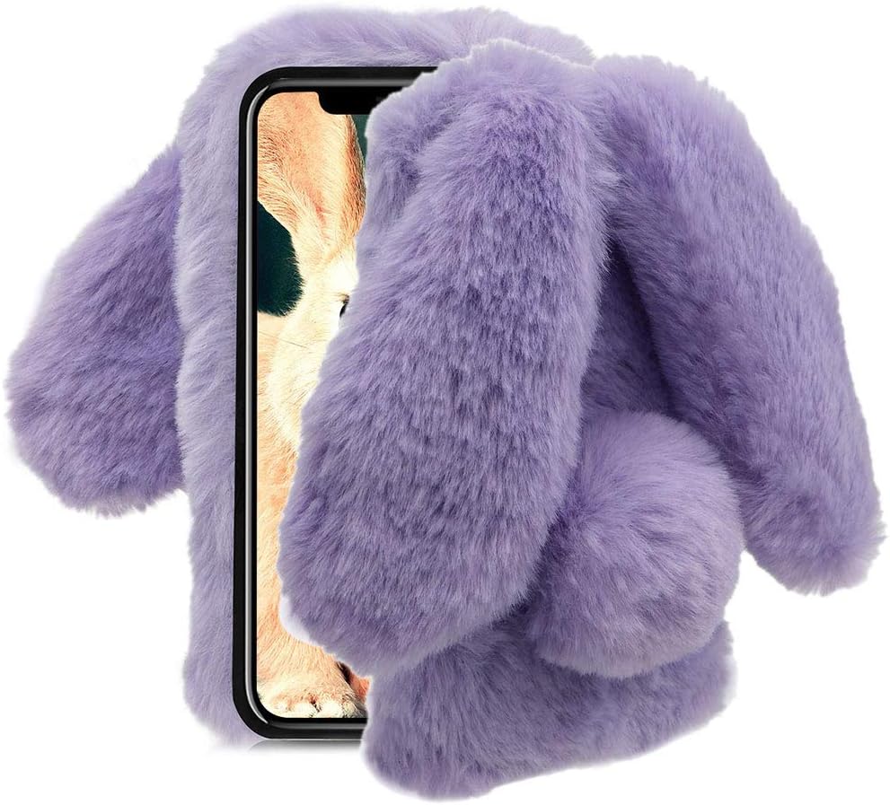 for iPhone Xs/X 5.8 inch Case, Rabbit Fur Ball Case,Luxury Cute 3D Homemade Diamond Winter Warm Soft Furry Fluffy Fuzzy Bunny Ear Plush Purple Phone Case Cover for Girls Women