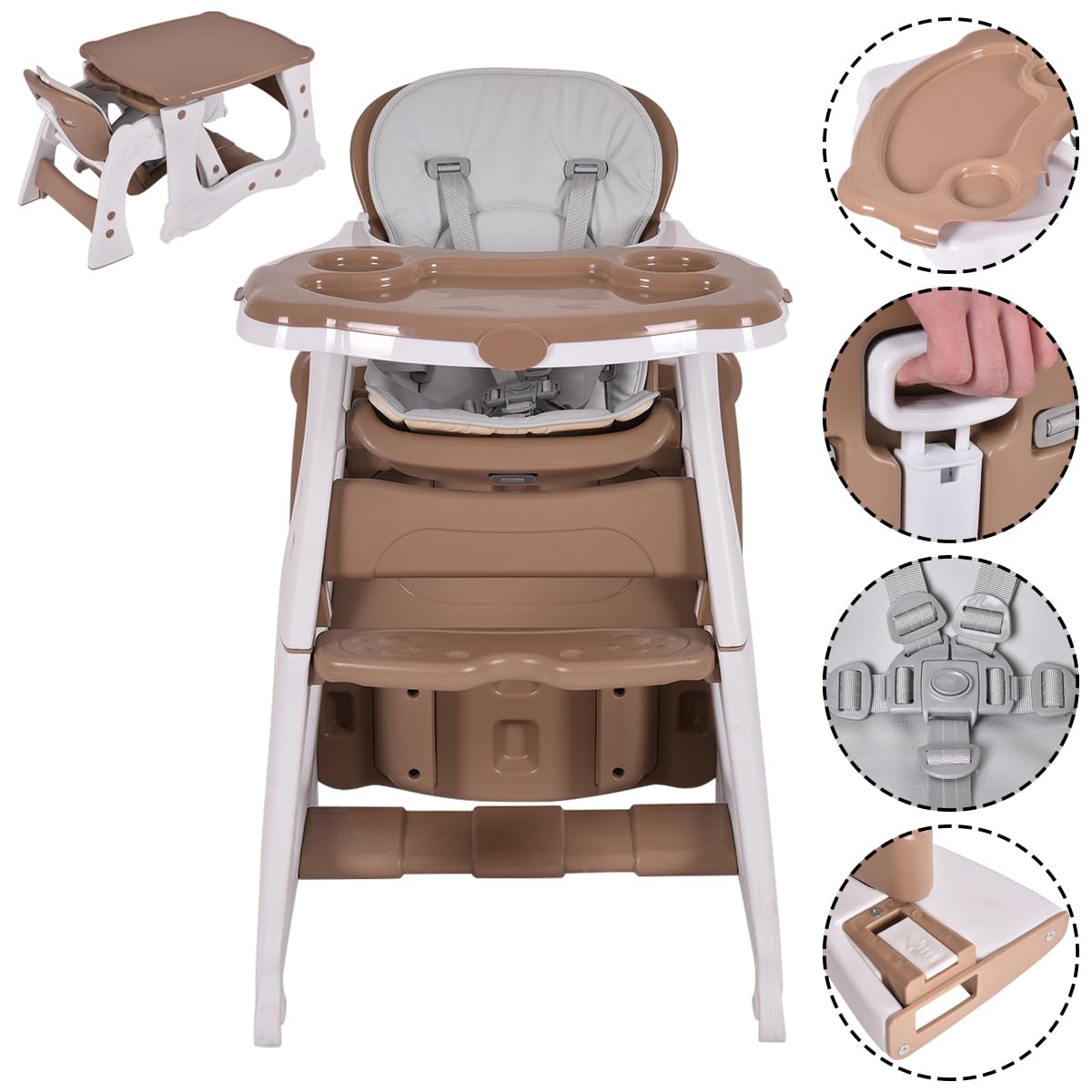 COSTWAY 3 in 1 babystoel, kinderstoel & eetkamerstoel & kinderzitgroep, converteerbare kinderstoel met 5-puntsgordel, afneembaar dienblad & zitkussen & rugleuning, voor 6-36 maanden, 20 kg draagvermog