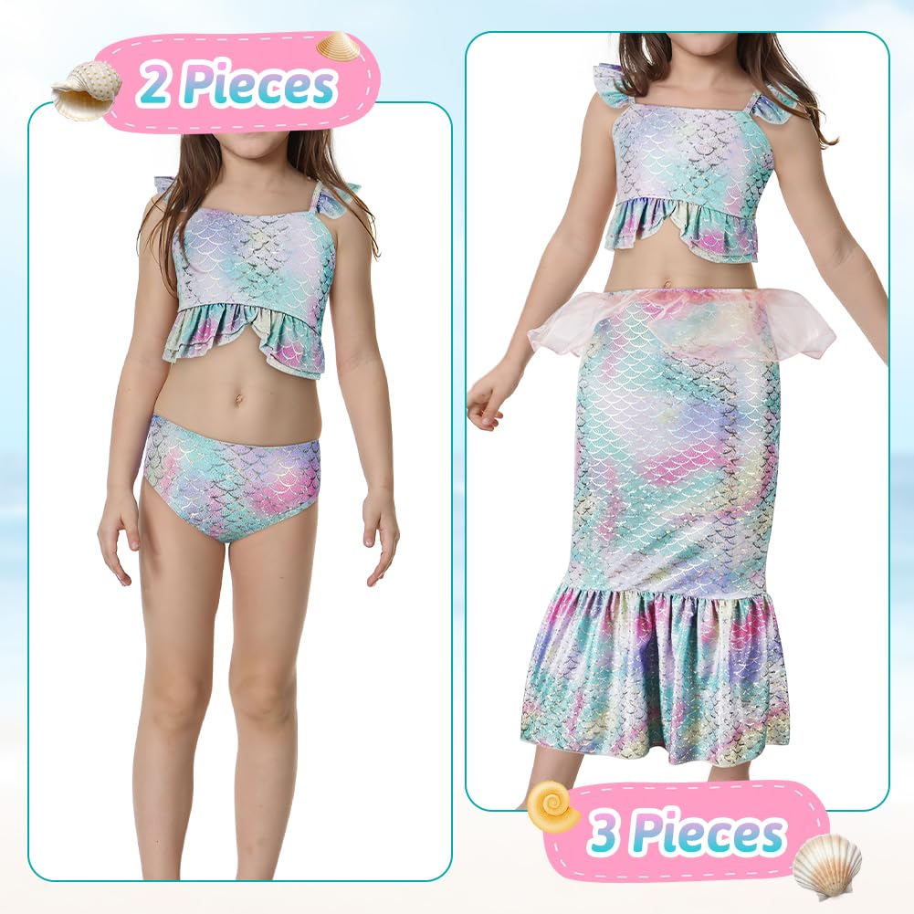 Zestaw bikini dla dziewczynek, 3-częściowy, kostium kąpielowy dla dzieci, tankini z długą spódnicą, strój kąpielowy dla dziewcząt, dzieci, młodzieży