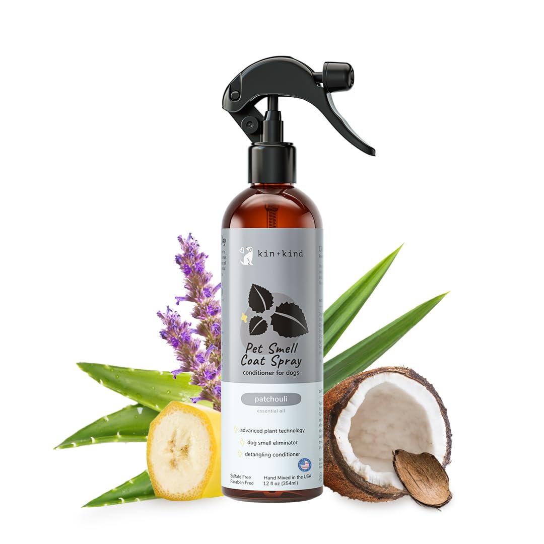 Dog Coat Spray (12 fl oz) - Deodorizing Patchouli Formula with Long Lasting Dog Cologne Scent with Aloe Vera - Safe, Natural Odor Eliminator for Dogs - Made in USA (Patchouli)