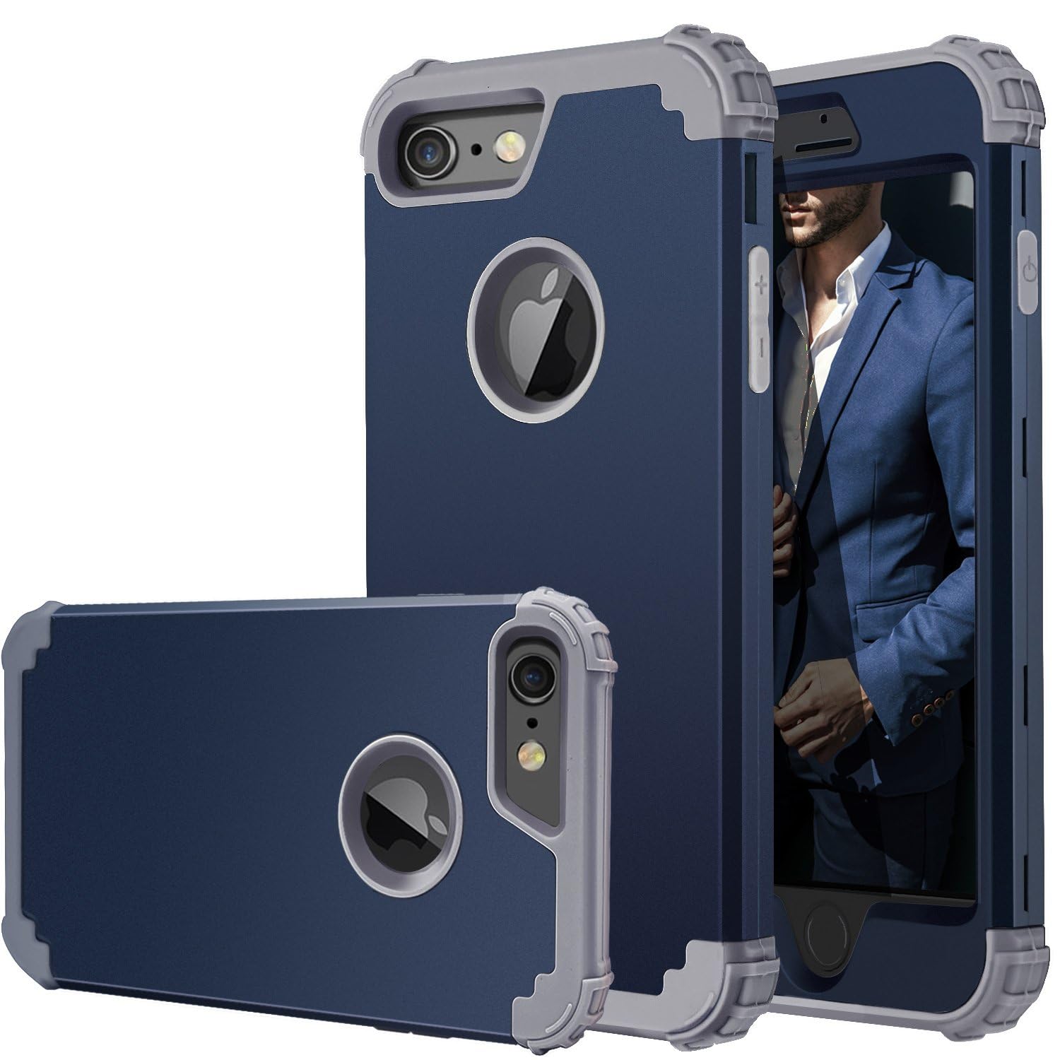 Fingicfor iPhone 6/6S Case, Full-Body 3 in 1 Hybrid Hard PC & Soft Silicone Heavy Duty Rugged Bumper Shockproof Protective Phone Case, Navy Blue+Gray