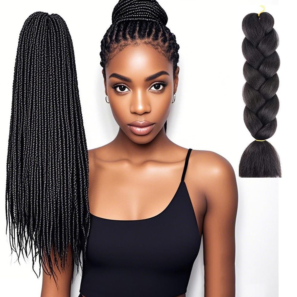SHUOHAN6 Packs Jumbo Natural Black Braiding Hair Extensions 24 Inch High Temperature Synthetic Fiber Hair Extensions for Braiding (1b))