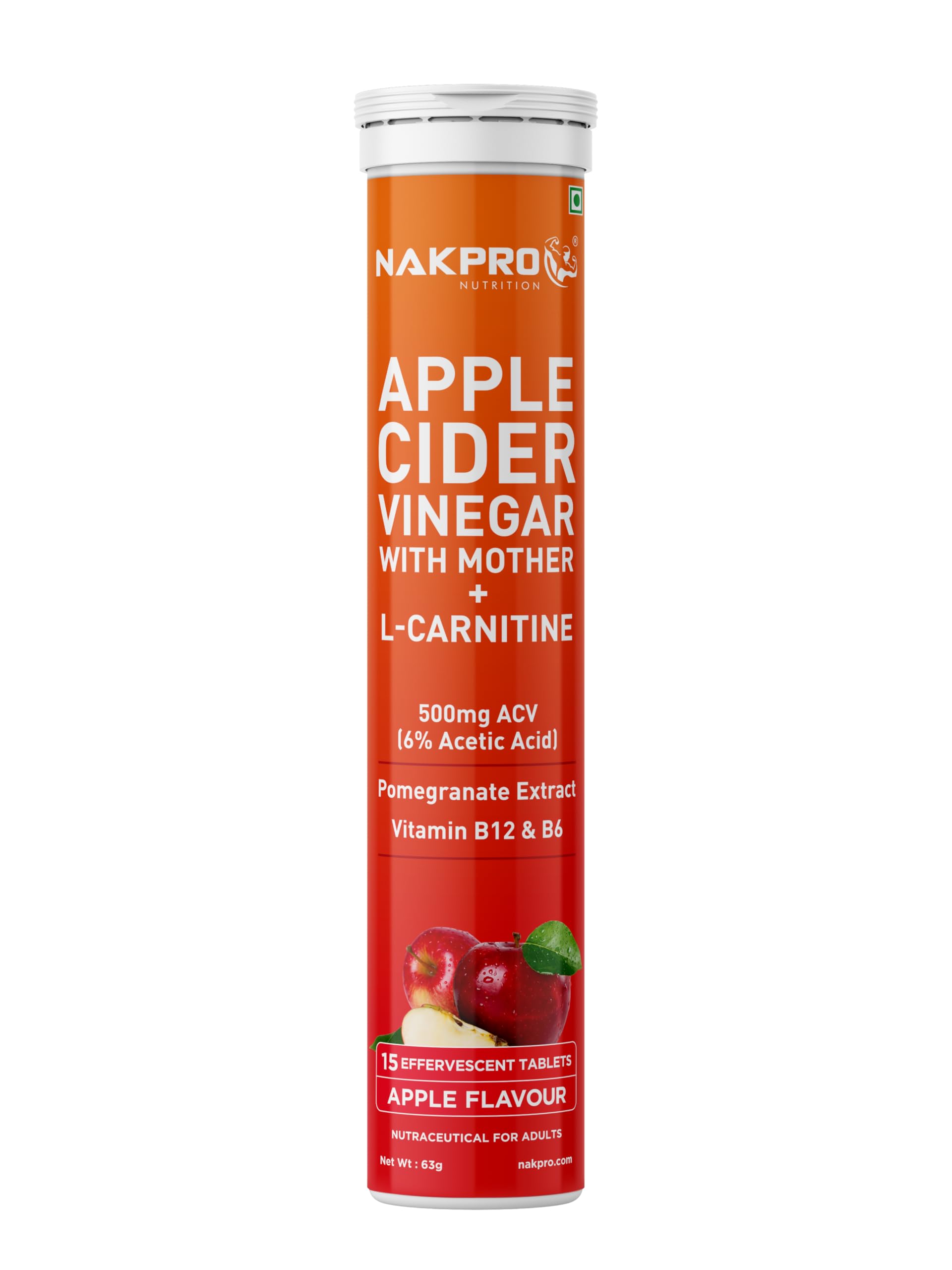NAKPRO Apple Cider Vinegar Effervescent Tablet With Mother, Vitamin B6 &  B12, Added L-Carnitine | 100% Veg, No Added Sugar