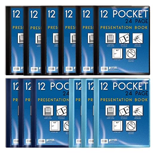 Better Office Products 12 Pocket Bound Presentation Book, Assorted Colors, Clear View Front Cover, 24 Sheet Protector Pages, 8.5" x 11" Sheets, Art Portfolio, Poly Covers, Letter Size (12 Pack)