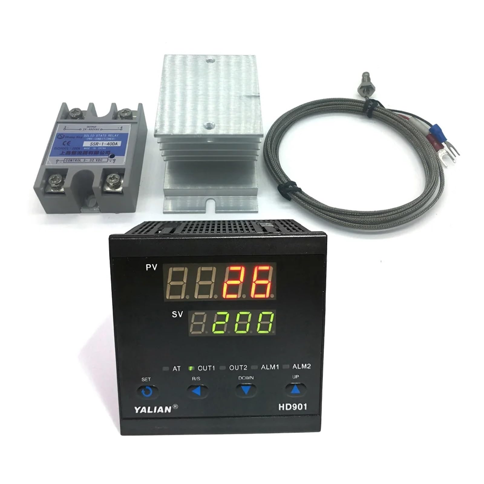 Controlador de temperatura digital PID de 100 V-240 V Rango de temperatura máximo 1372 grados Celsius + radiador + termopar K de 2 M + SSR de 40 A máx.(HD901)