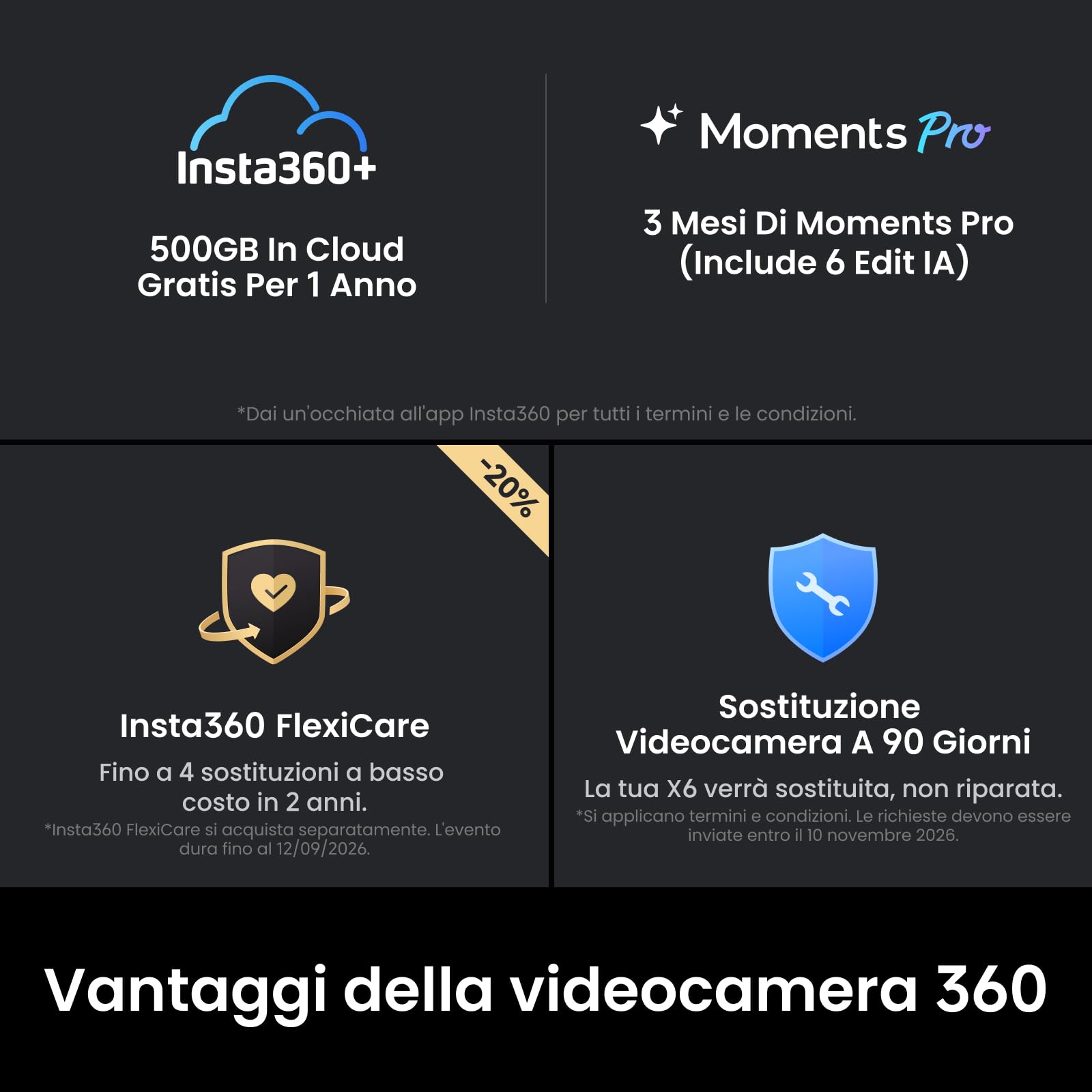 Insta360 X6 - Action cam 360 8K con sensori da 1/1,1″, Nero notte | Videocamera, doppio sensore quadrato personalizzato da 1/1,1″, triplo chip IA, lenti sostituibili 2.0, 140 min di video in 8K