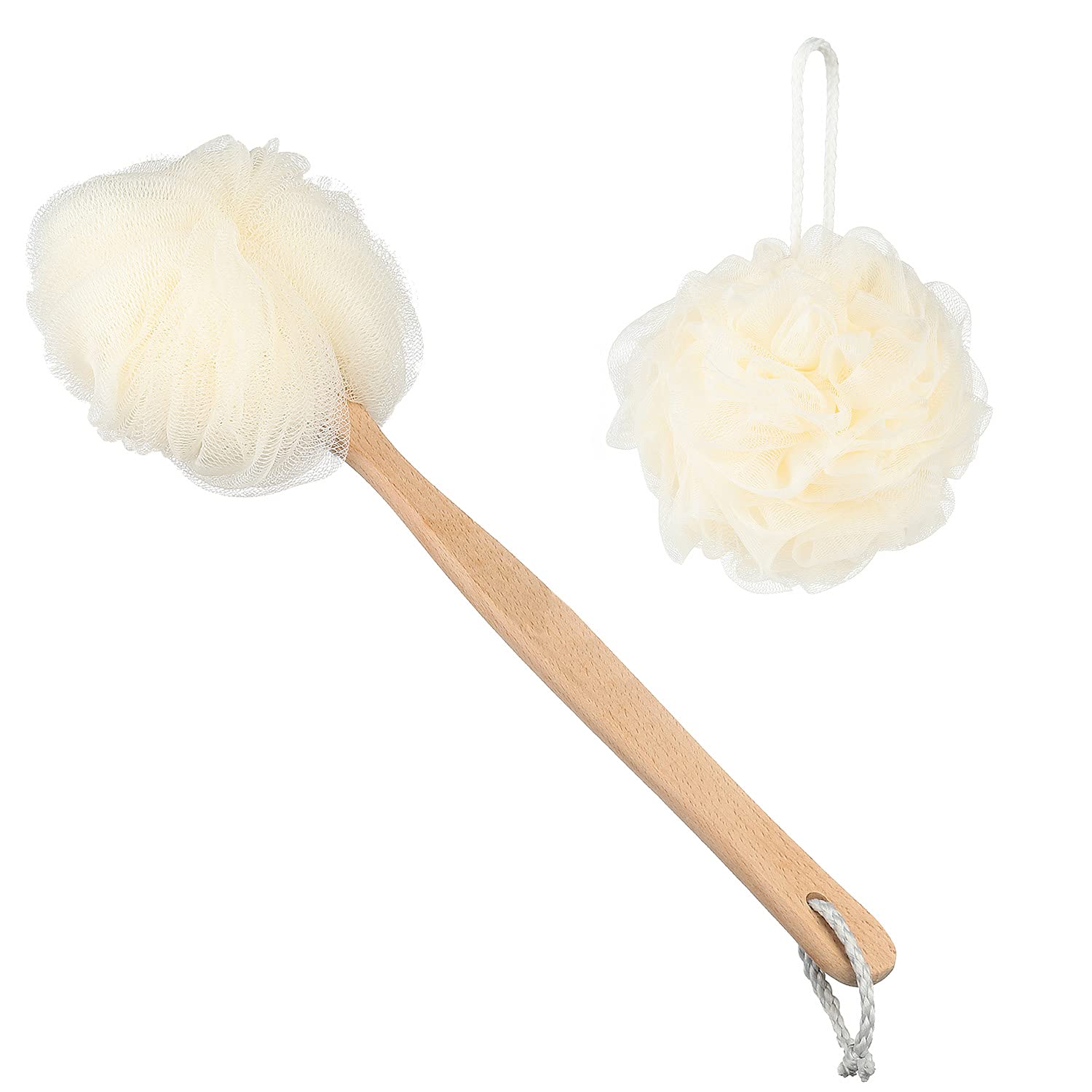 JulaJuyo Loofah Sponge Set, with Long Handle Body Brush and 60g Bath Sponge for Men Women, Soft Mesh Luffa on a Wood Stick Back Scrubber for Shower, Exfoliating Scrub Cleaning for Elderly (White)