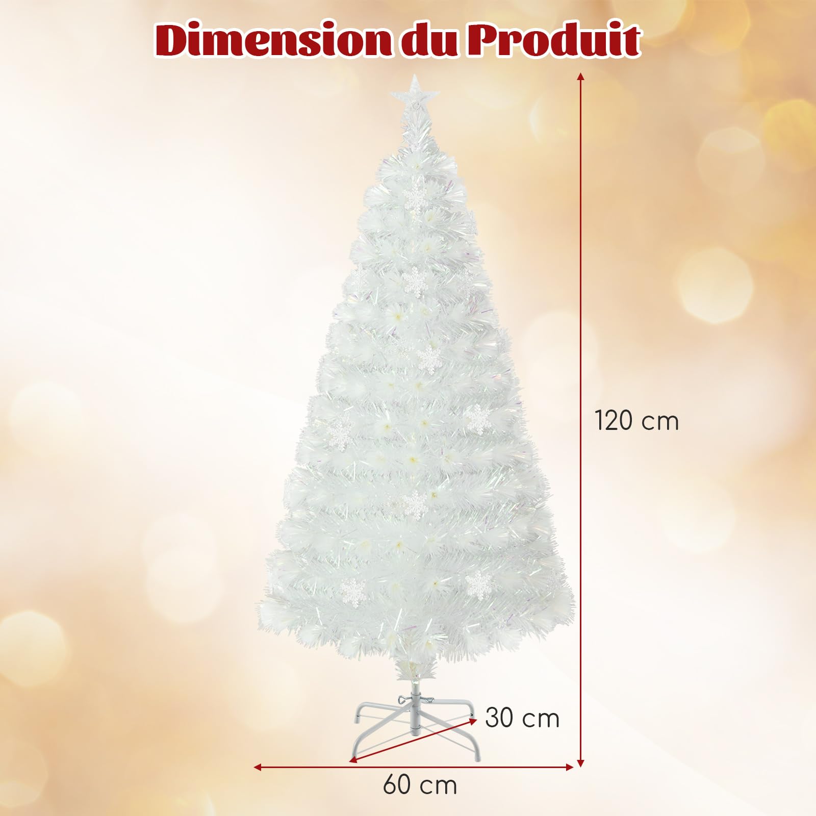COSTWAY Sapin de Noël Artificiel à Fibre Optique Lumineux LED 120 cm, Blanc avec Feuilles Irisées, Lumières LED Flocon de Neige Multicolores, Lumière Etoilée Supérieure, pour Bureau, Maison