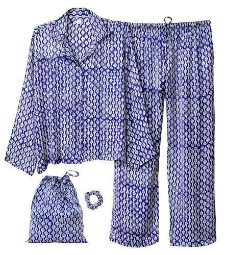 Huar Women’s Premium Silk Pajama Set - Floral Print Button-Down Nightwear, Luxury Lightweight Pure Silk Loungewear Set with Pants (US, Alpha, X-Large, Regular, Regular, Blue)