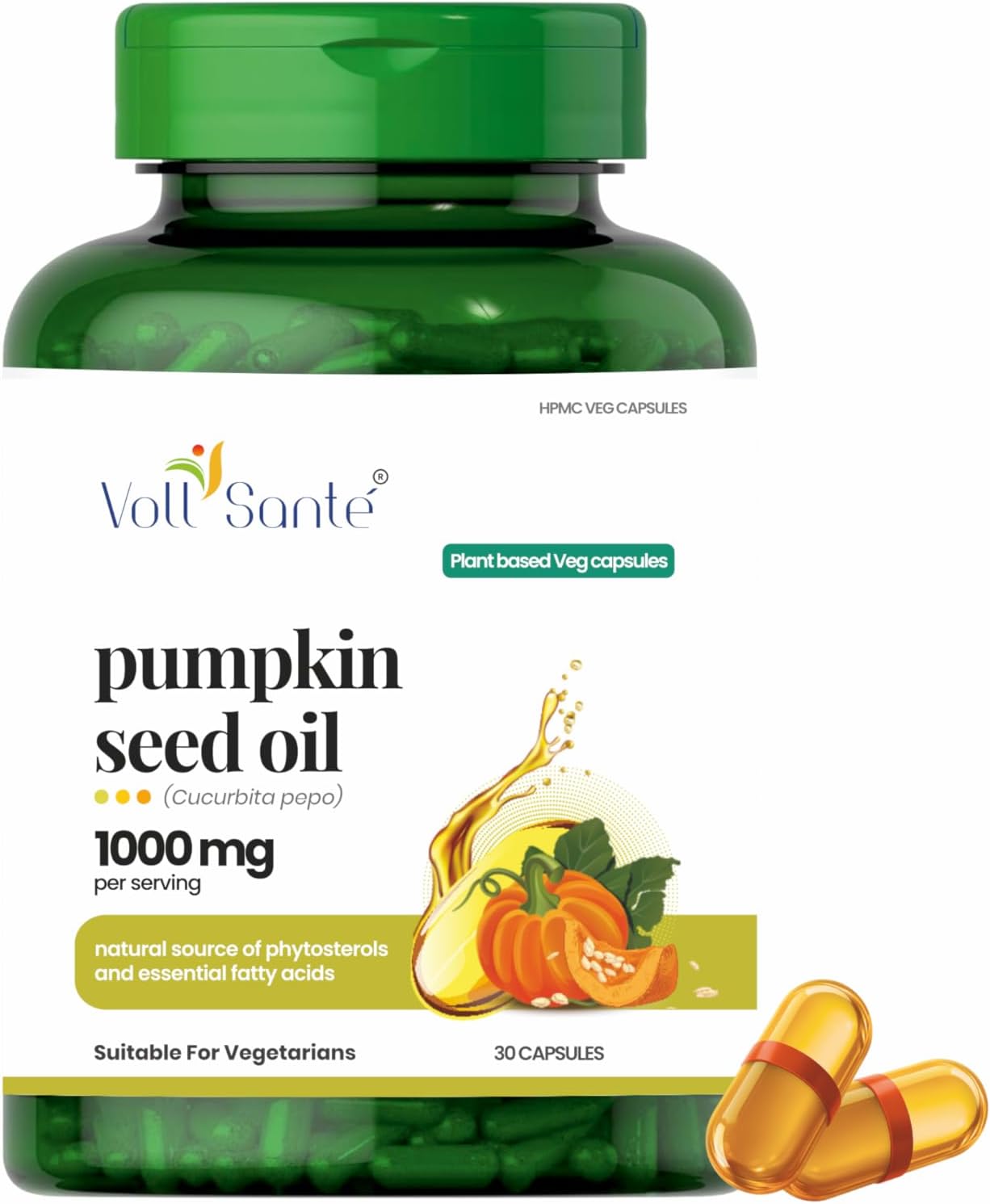Voll Sante Pumpkin Seed Oil Capsuleโ1000 mg Per Serving|HPMC Plant-Based Veg Capsules |Non-GMO|Cold-Pressed | Ayurvedic Dietary Supplement | Natural Source of Omega 6 & 9 | Supports Hair & Skin Health | 30 Capsules
