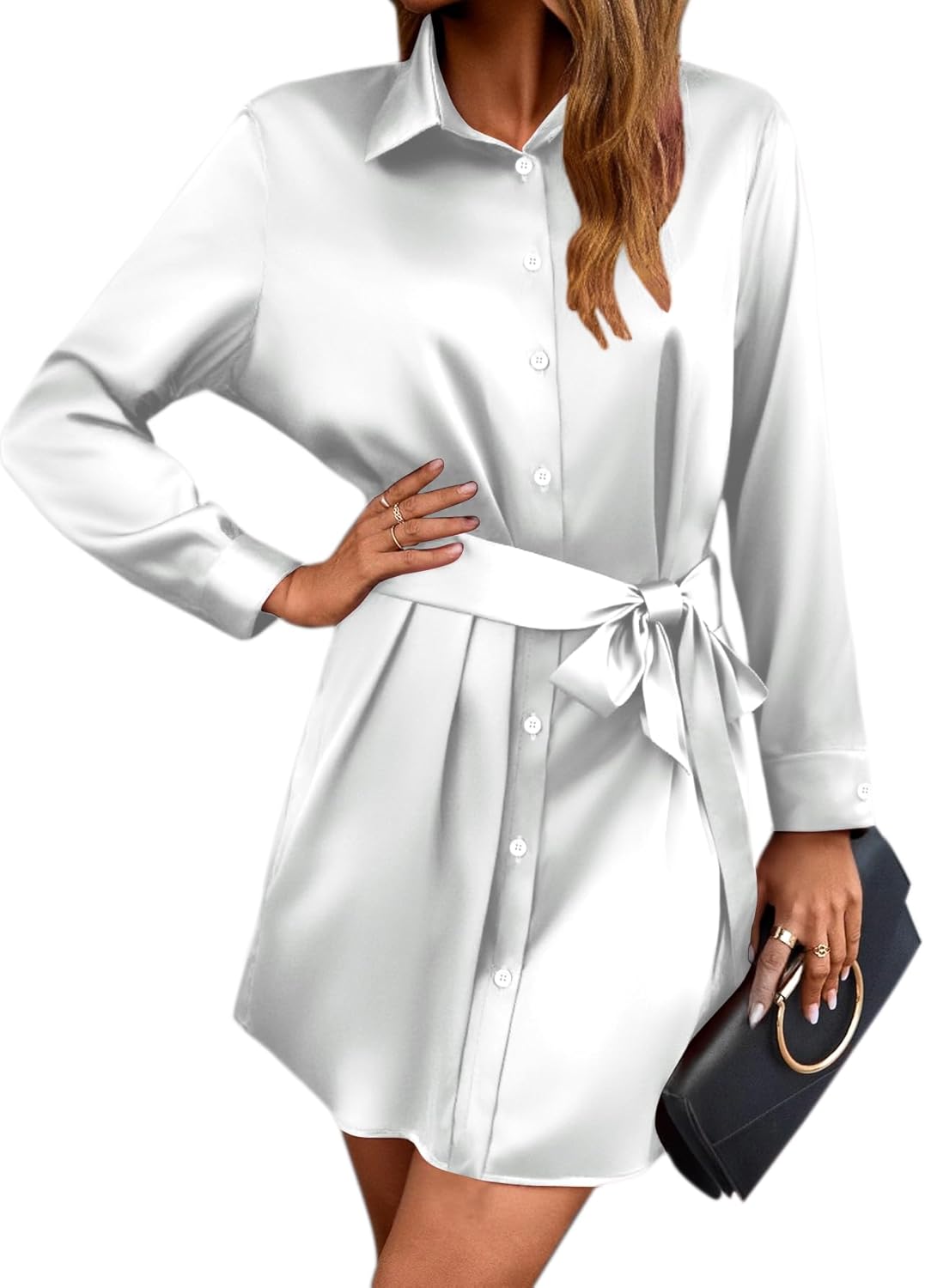 Zeagoo Women's Stain Long Sleeve Dress Button Down Shirts Tunic Dresses Casual V-Neck Mini Dress with Belt