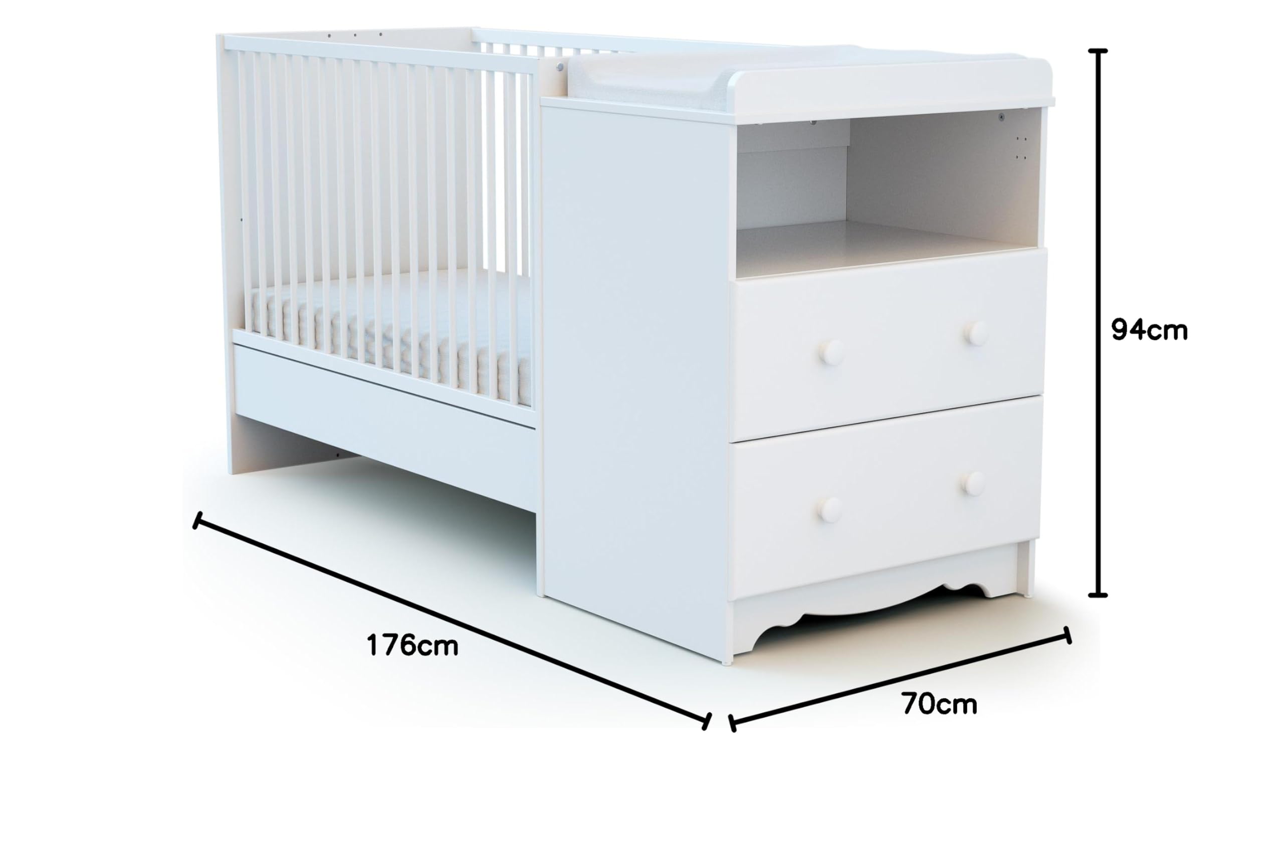 AT4 - Cuna bebé y cómoda cambiador MARELLE madera - Blanco - 60 x 120-194 x 94 x 70 cm
